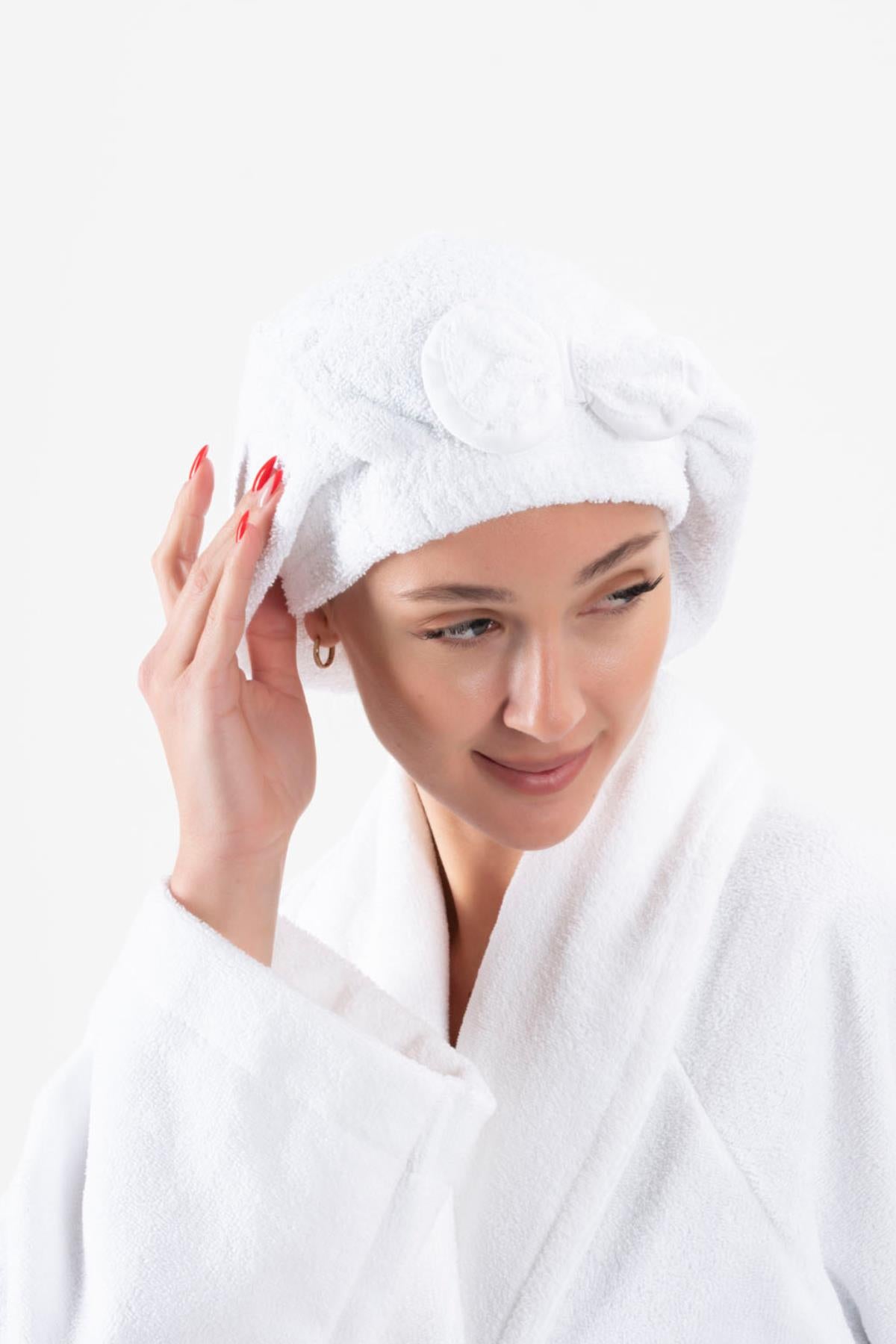 CottonVerse Saç Kurulama Bonesi – %100 Pamuk , Fiyonklu Beyaz - Ender Home