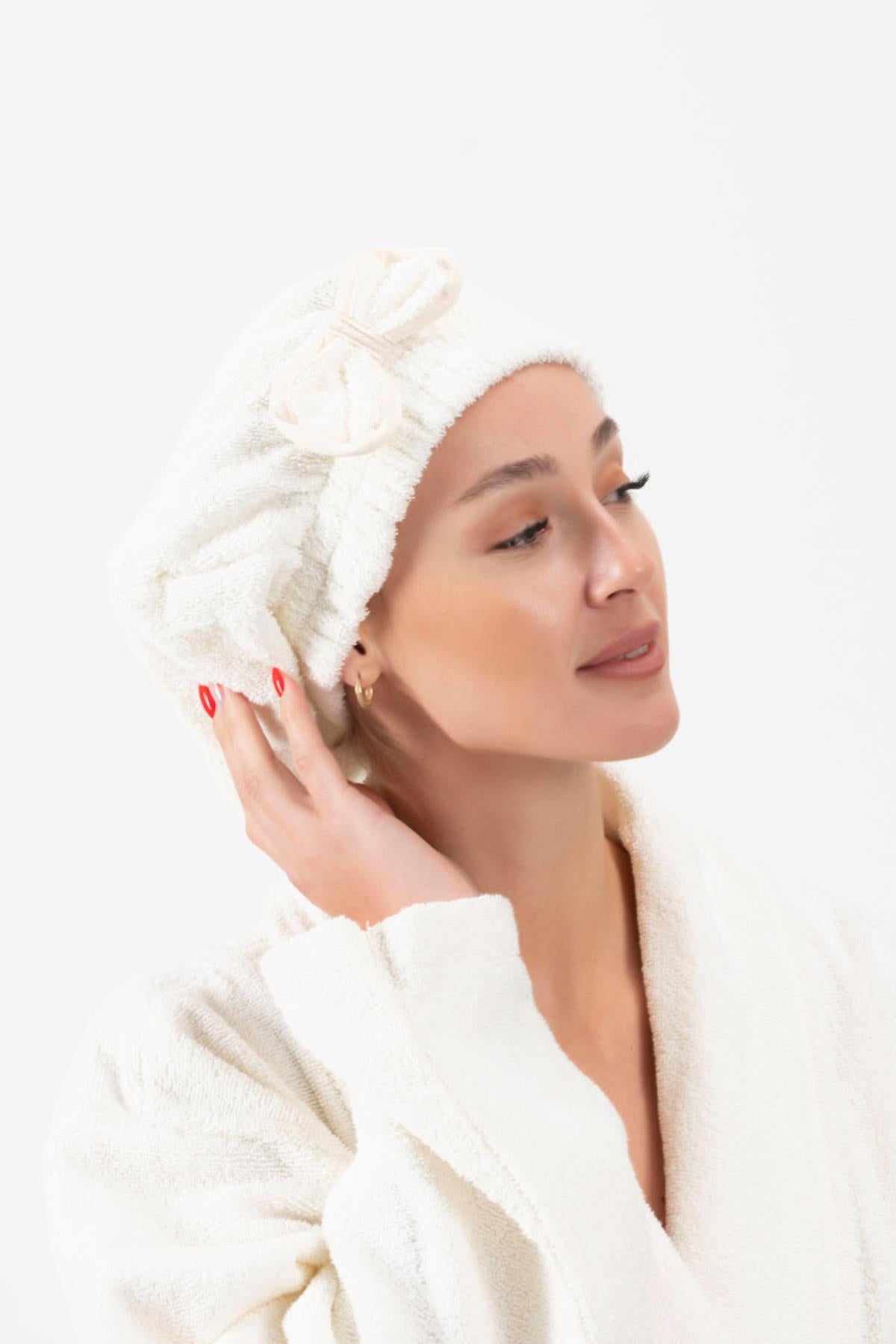 CottonVerse Saç Kurulama Bonesi – %100 Pamuk , Fiyonklu Ekru - Ender Home