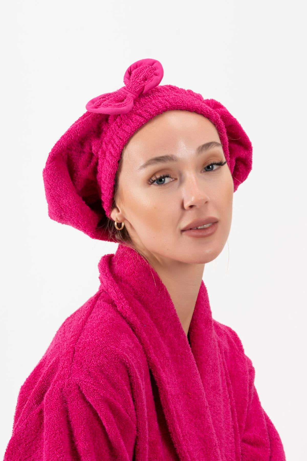 CottonVerse Saç Kurulama Bonesi – %100 Pamuk , Fiyonklu Fuşya - Ender Home