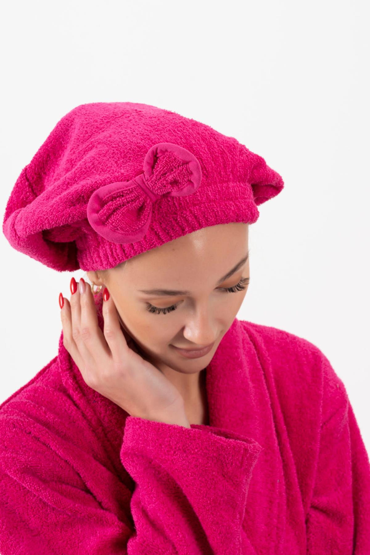 CottonVerse Saç Kurulama Bonesi – %100 Pamuk , Fiyonklu Fuşya - Ender Home