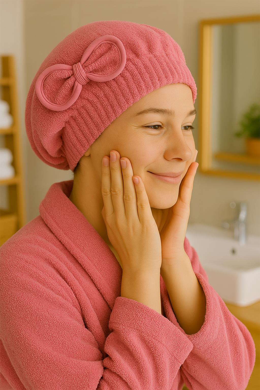 CottonVerse Saç Kurulama Bonesi – %100 Pamuk , Fiyonklu Pembe - Ender Home