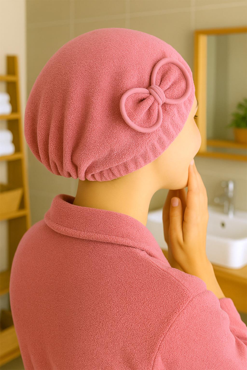 CottonVerse Saç Kurulama Bonesi – %100 Pamuk , Fiyonklu Pembe - Ender Home