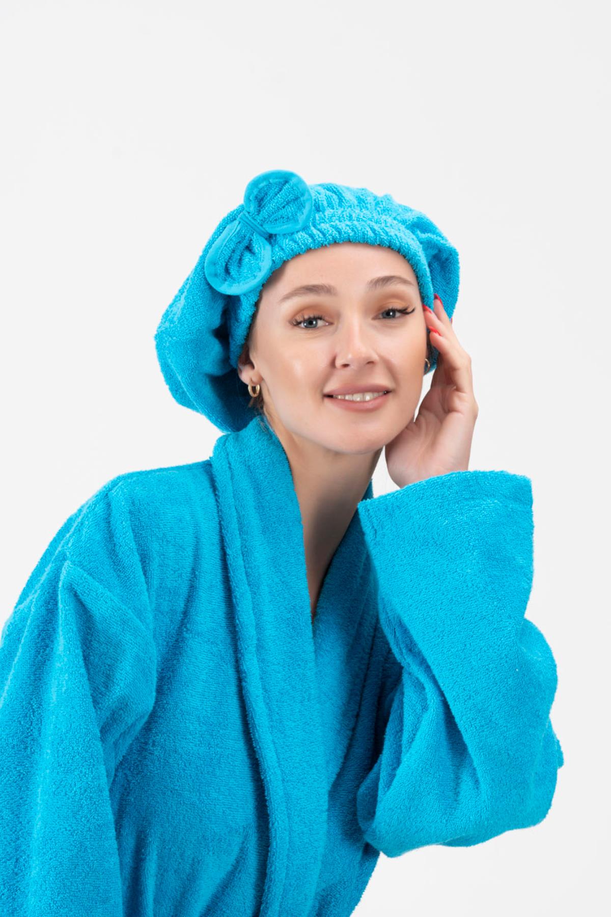 CottonVerse Saç Kurulama Bonesi – %100 Pamuk , Fiyonklu Turkuaz - Ender Home