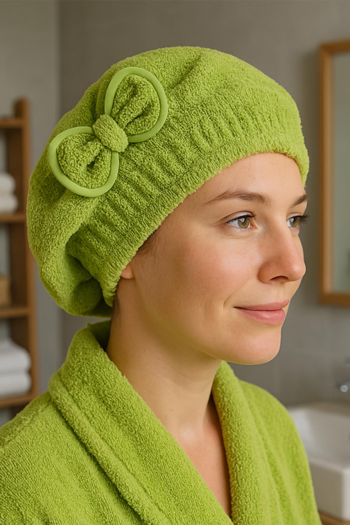 CottonVerse Saç Kurulama Bonesi – %100 Pamuk , Fiyonklu Yeşil - Ender Home