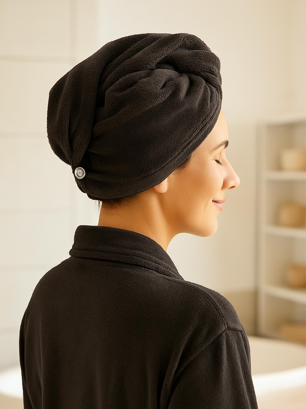 DreamSoft Düğmeli Saç Kurulama Bonesi – Kadife Antrasit Gri - Ender Home