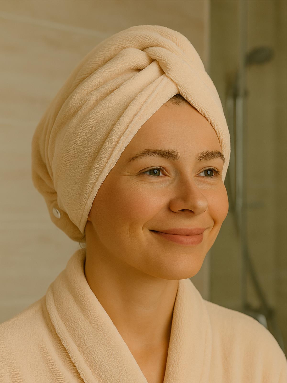 DreamSoft Düğmeli Saç Kurulama Bonesi – Kadife Krem - Ender Home