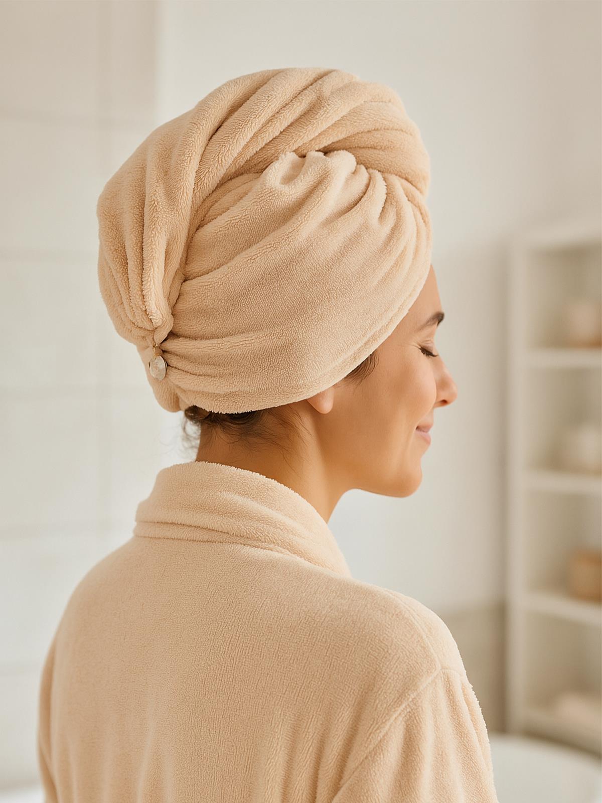 DreamSoft Düğmeli Saç Kurulama Bonesi – Kadife Krem - Ender Home