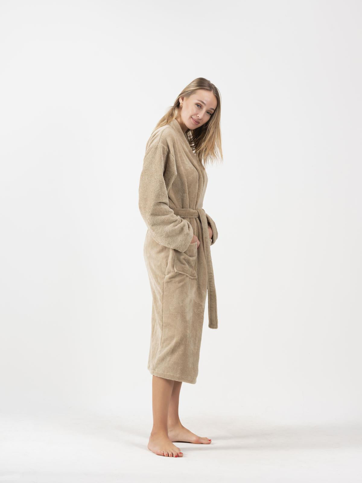 DreamSoft Kimono Bornoz – Kadife, Unisex Bej - Ender Home
