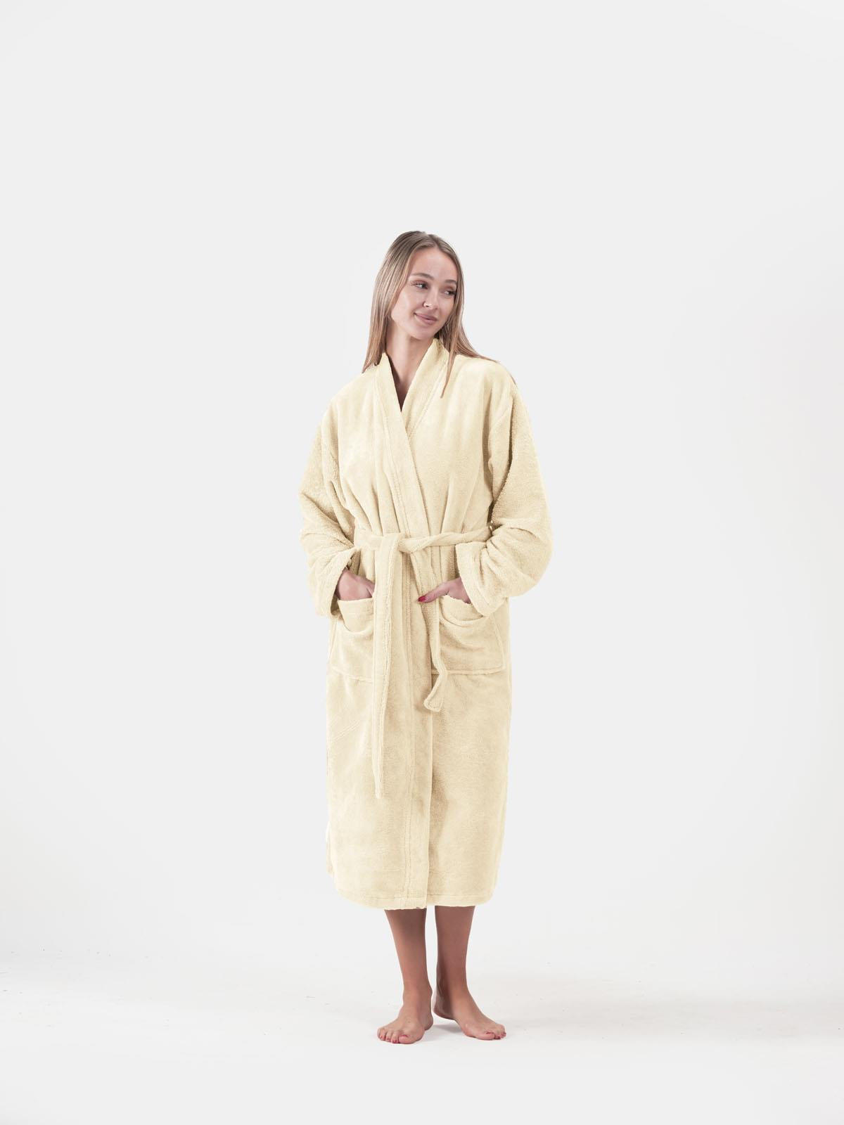 DreamSoft Kimono Bornoz – Kadife, Unisex Ekru - Ender Home