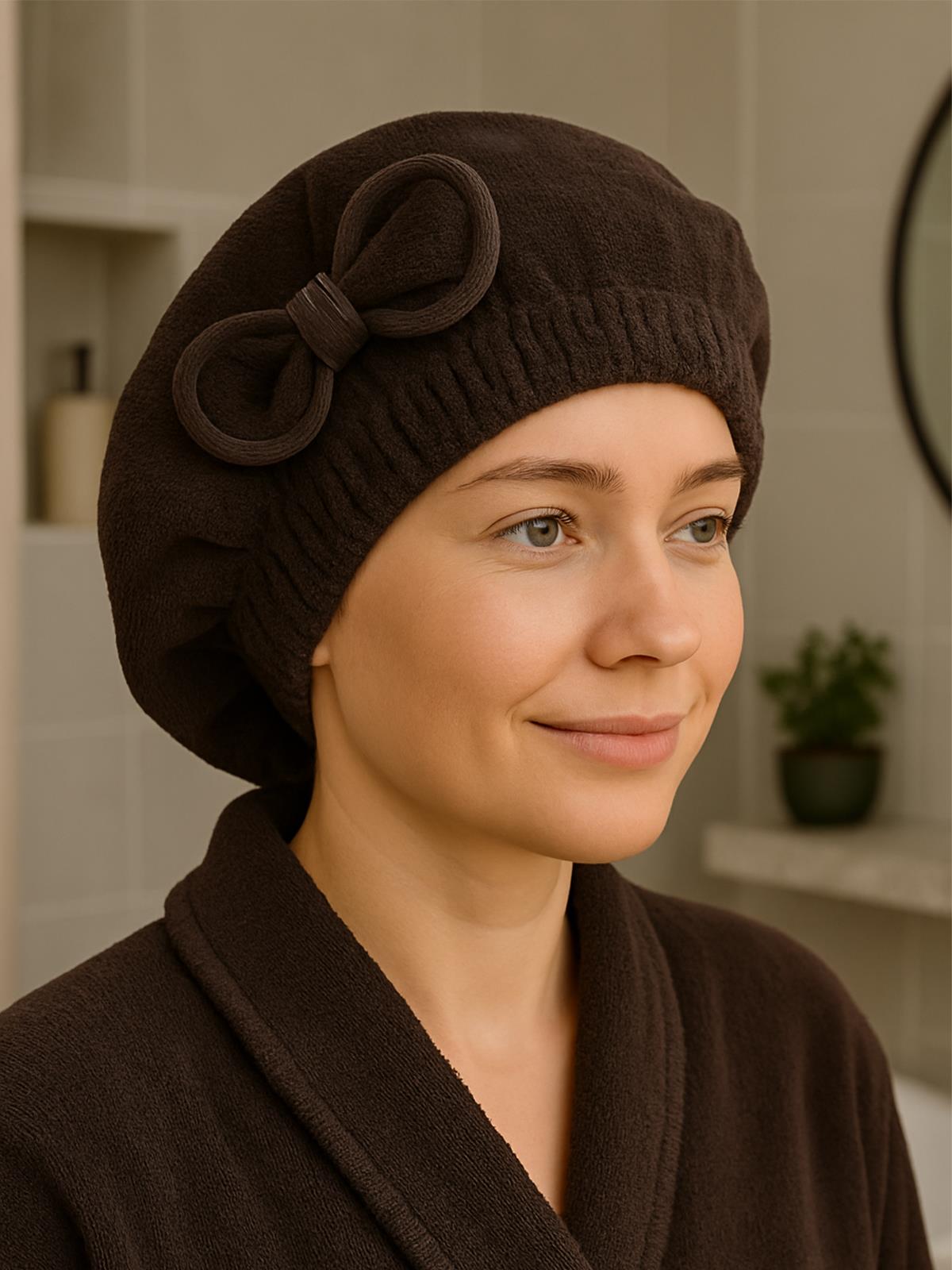 DreamSoft Saç Kurulama Bonesi – Kadife Fiyonklu Lastikli Antrasit - Ender Home