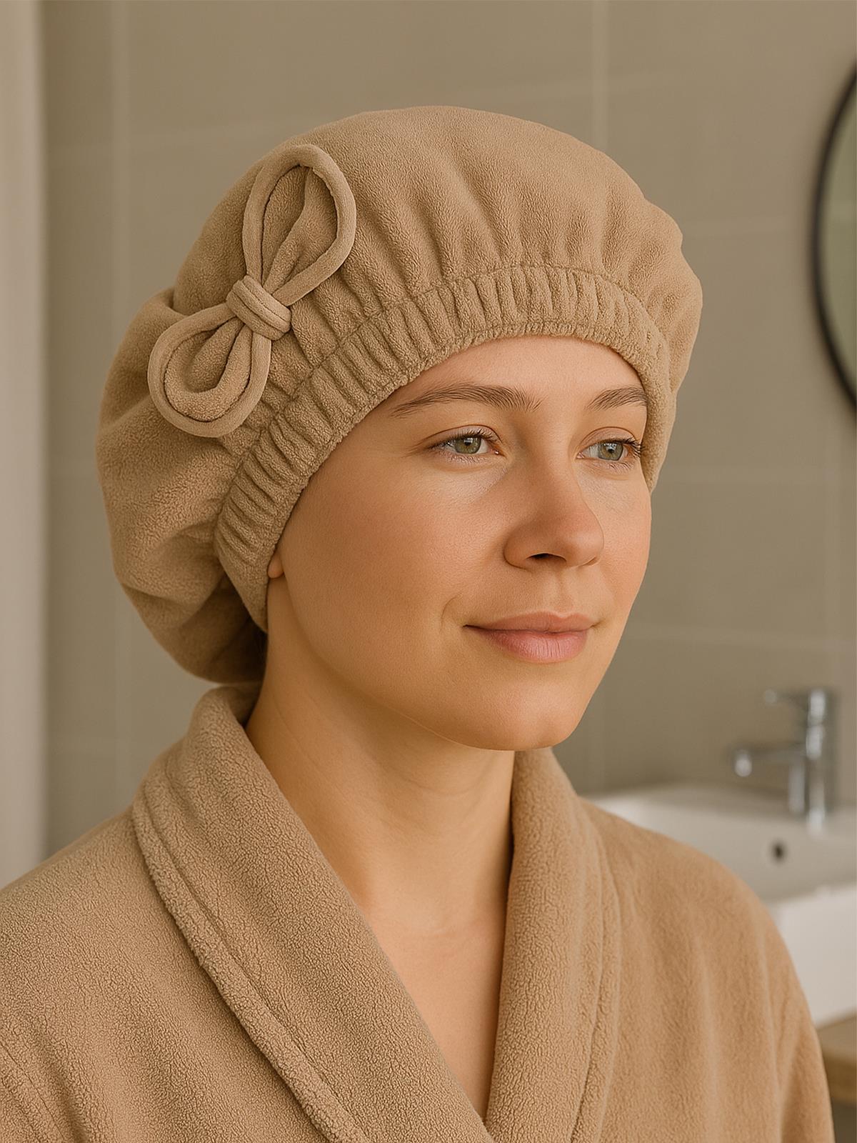 DreamSoft Saç Kurulama Bonesi – Kadife Fiyonklu Lastikli Bej - Ender Home