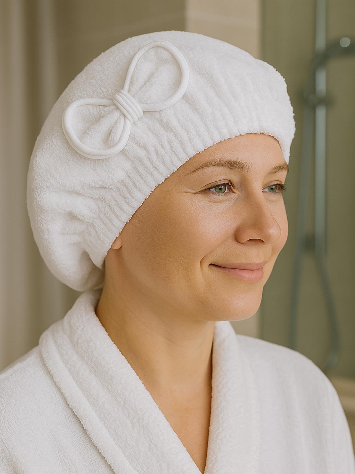 DreamSoft Saç Kurulama Bonesi – Kadife Fiyonklu Lastikli Beyaz - Ender Home