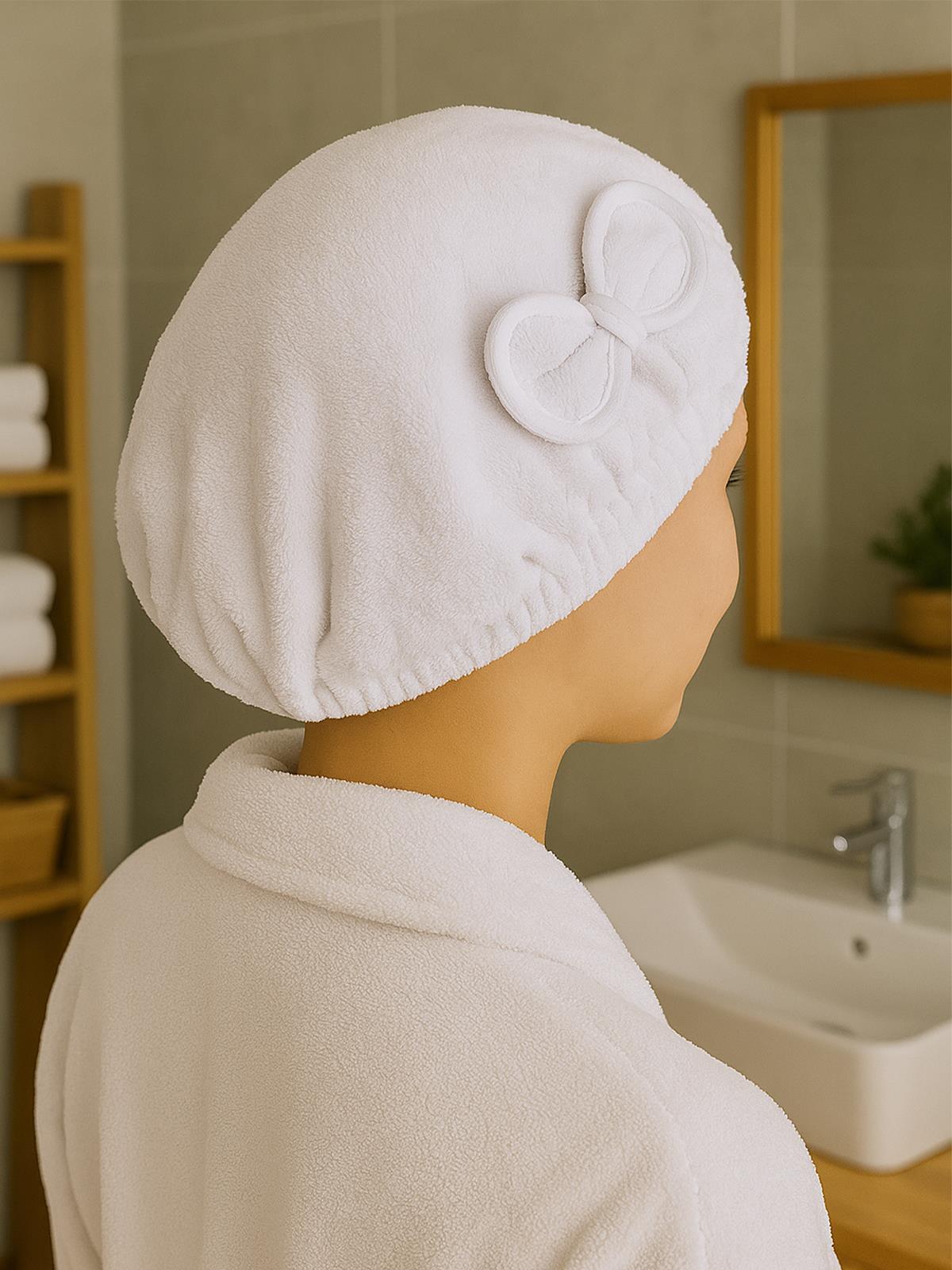 DreamSoft Saç Kurulama Bonesi – Kadife Fiyonklu Lastikli Beyaz - Ender Home