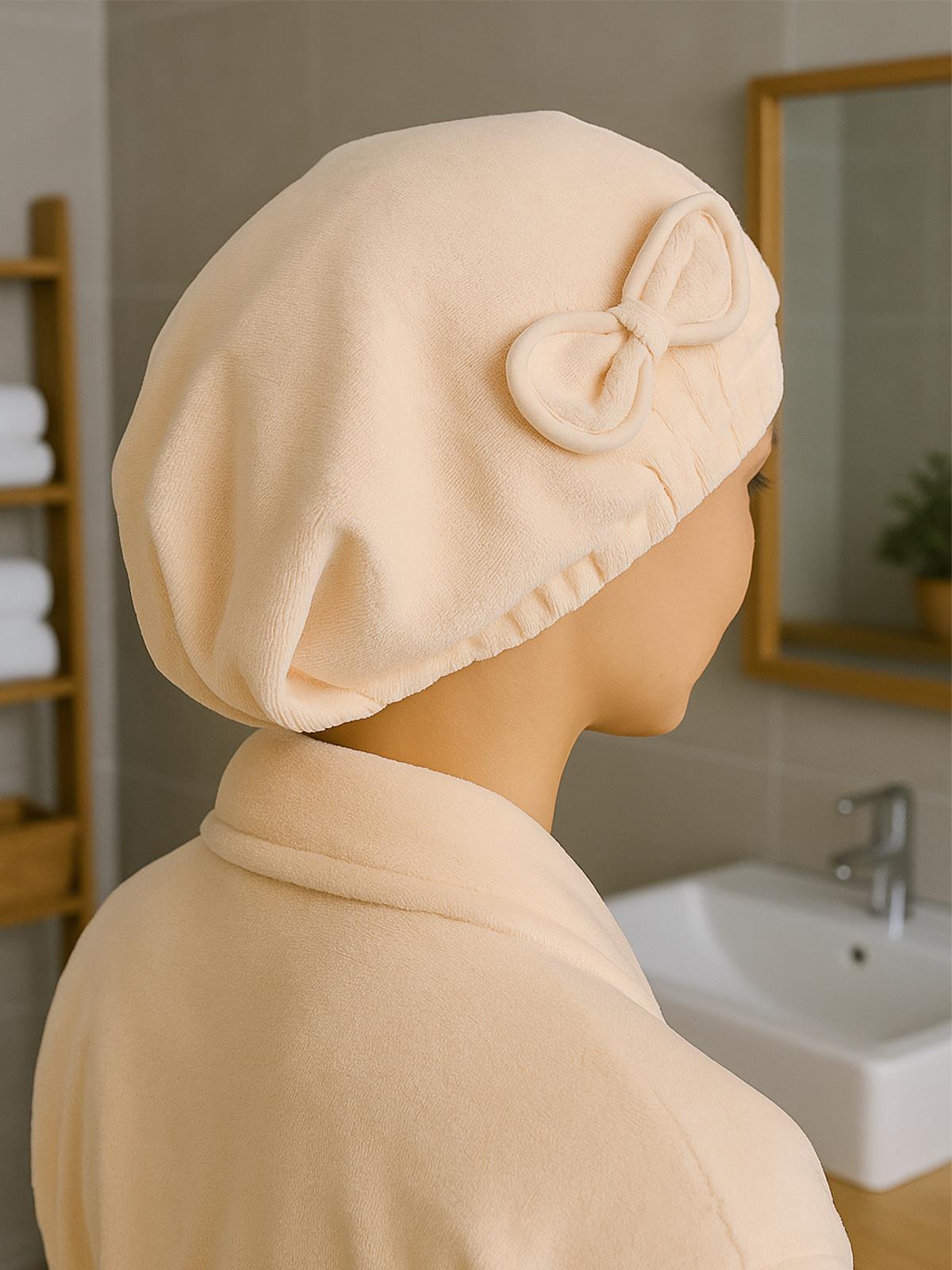 DreamSoft Saç Kurulama Bonesi – Kadife Fiyonklu Lastikli Krem - Ender Home