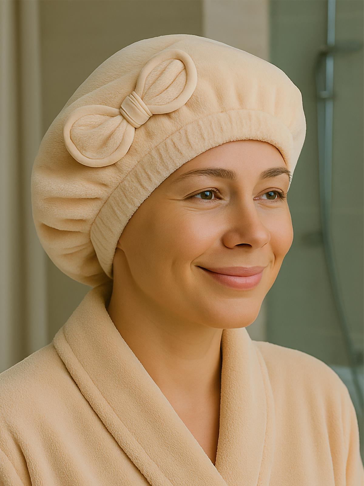 DreamSoft Saç Kurulama Bonesi – Kadife Fiyonklu Lastikli Krem - Ender Home