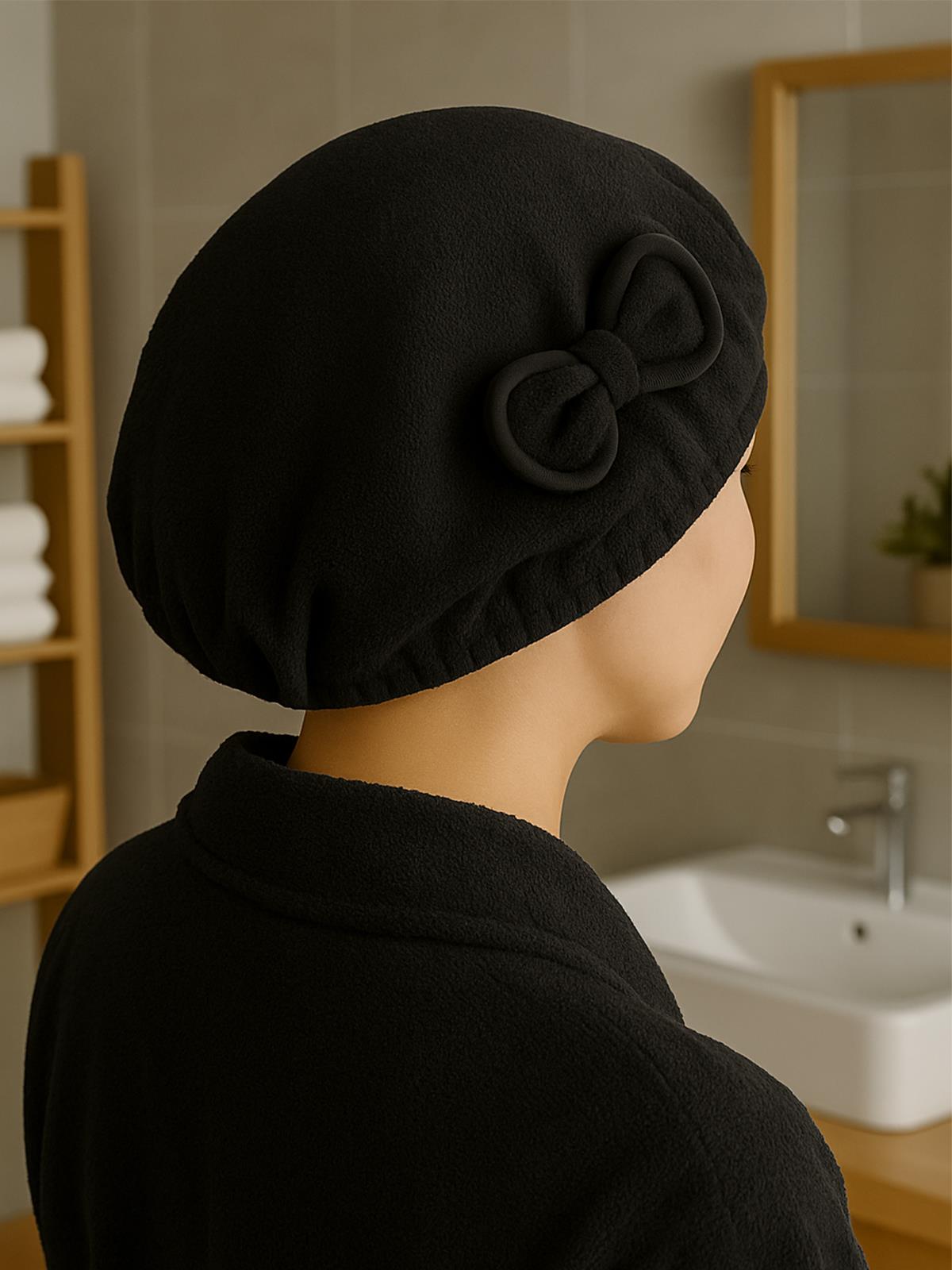 DreamSoft Saç Kurulama Bonesi – Kadife Fiyonklu Lastikli Siyah - Ender Home