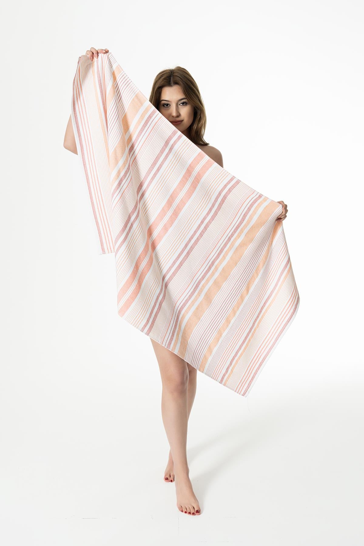 DualWeave Çizgili Peştemal Havlu – %100 Pamuk 70x140 cm Oranj - Ender Home