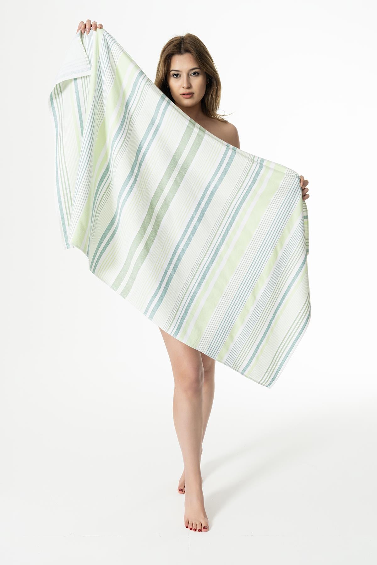 DualWeave Çizgili Peştemal Havlu – %100 Pamuk 70x140 cm Yeşil - Ender Home