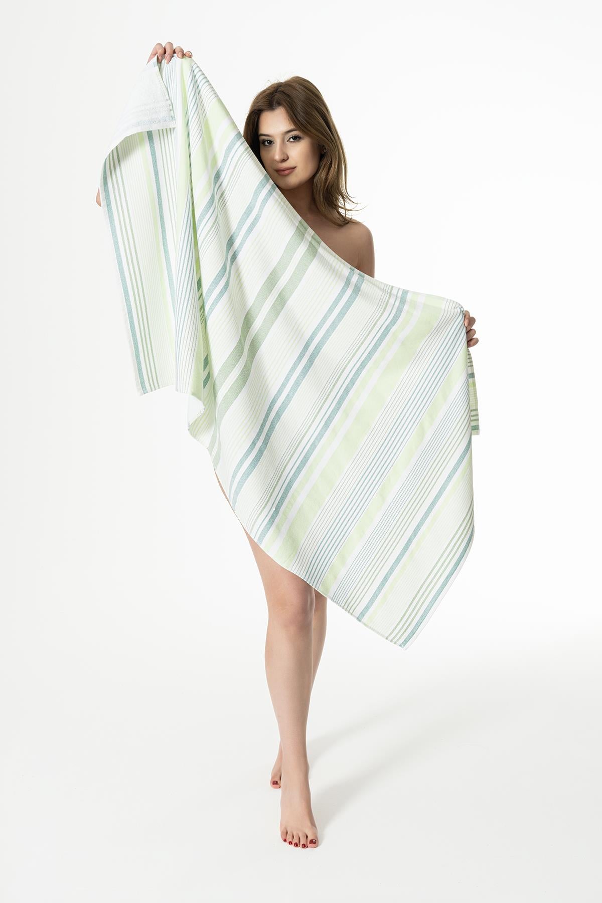 DualWeave Çizgili Peştemal Havlu – %100 Pamuk 70x140 cm Yeşil - Ender Home