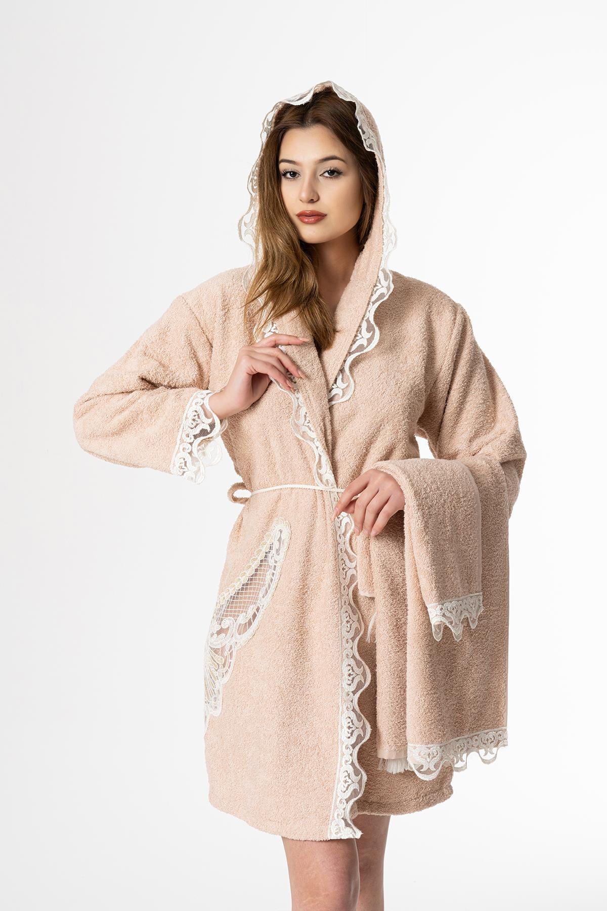 Flora Gelin Bornoz Set 5 Parça Dantelli Çeyizlik Takım Bej - Ender Home