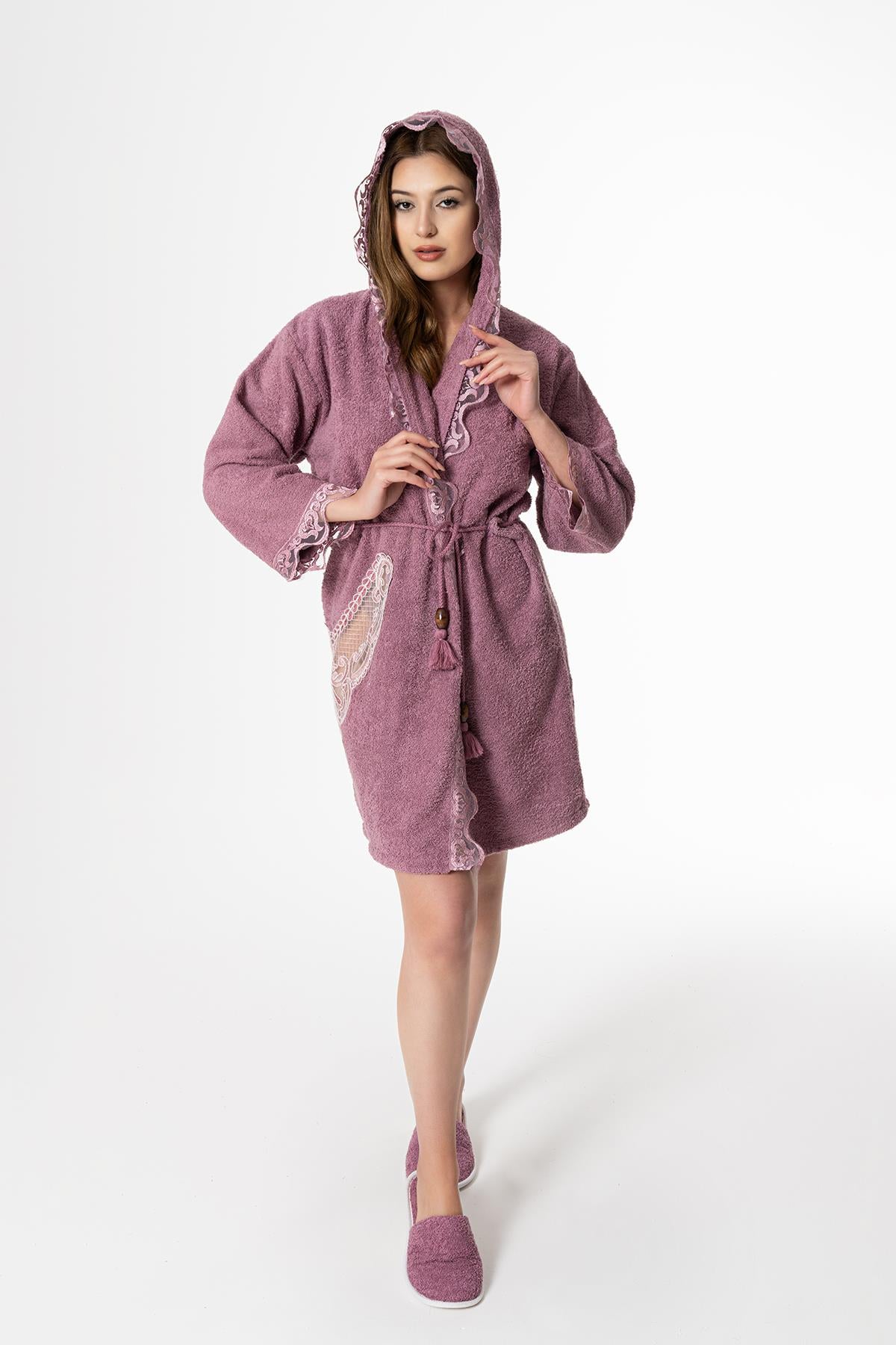 Flora Gelin Bornoz Set 5 Parça Dantelli Çeyizlik Takım Mor - Ender Home