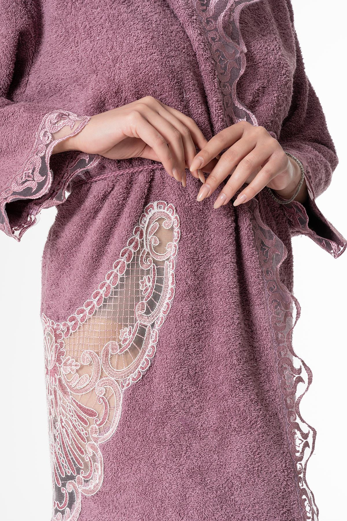 Flora Gelin Bornoz Set 5 Parça Dantelli Çeyizlik Takım Mor - Ender Home