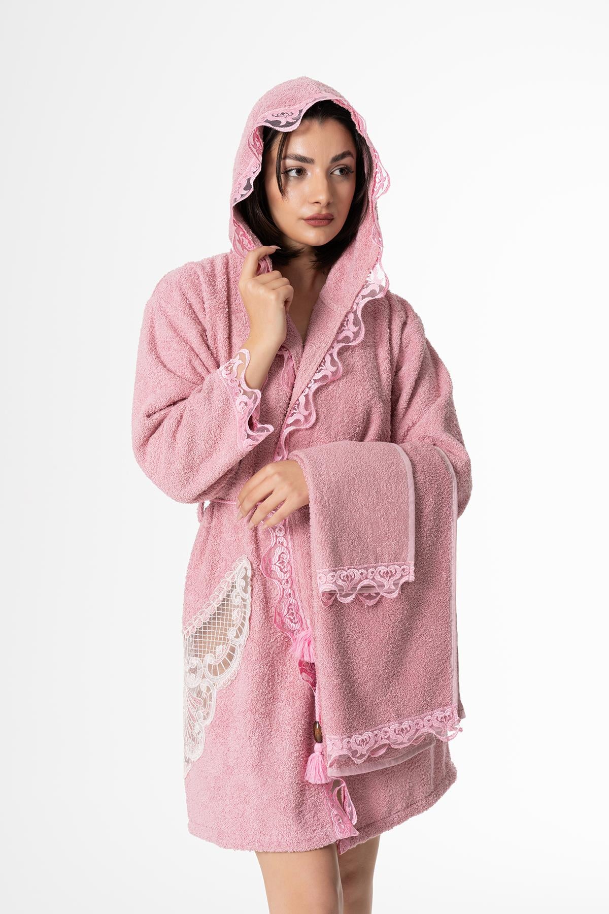 Flora Gelin Bornoz Set 5 Parça Dantelli Çeyizlik Takım Pembe - Ender Home