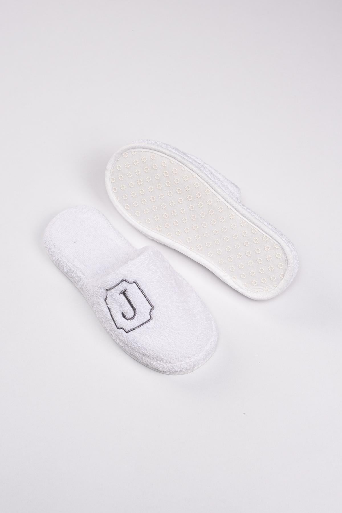 J Harf Nakışlı Banyo Ve Ev Havlu Terliği – %100 Pamuk Kaymaz Kalın Taban - Ender Home