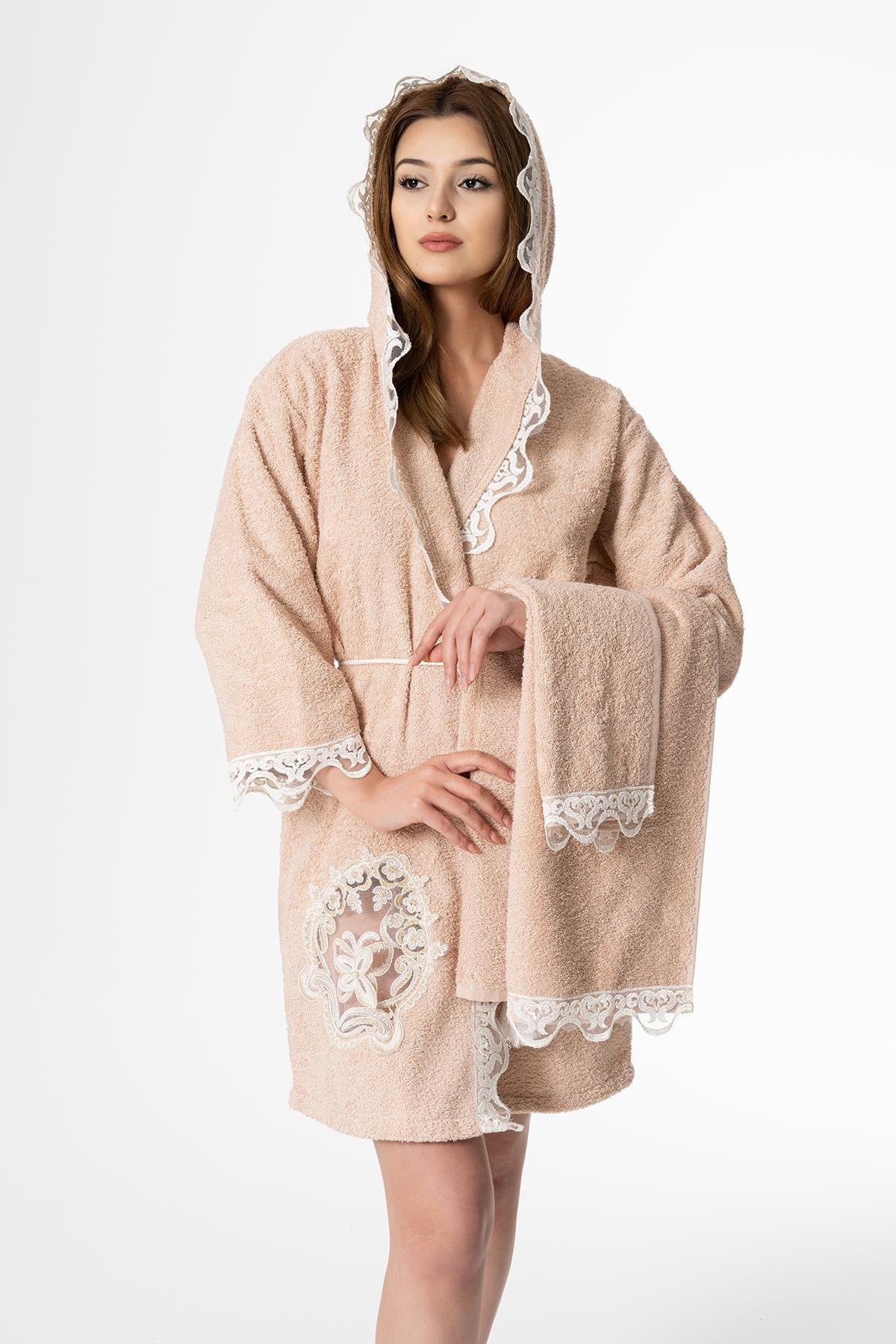 Kelebek Gelin Bornoz Set 5 Parça Dantelli Çeyizlik Takım Bej - Ender Home