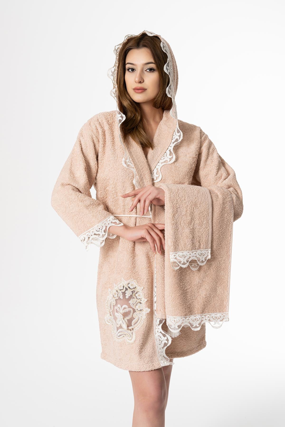 Kelebek Gelin Bornoz Set 5 Parça Dantelli Çeyizlik Takım Bej - Ender Home