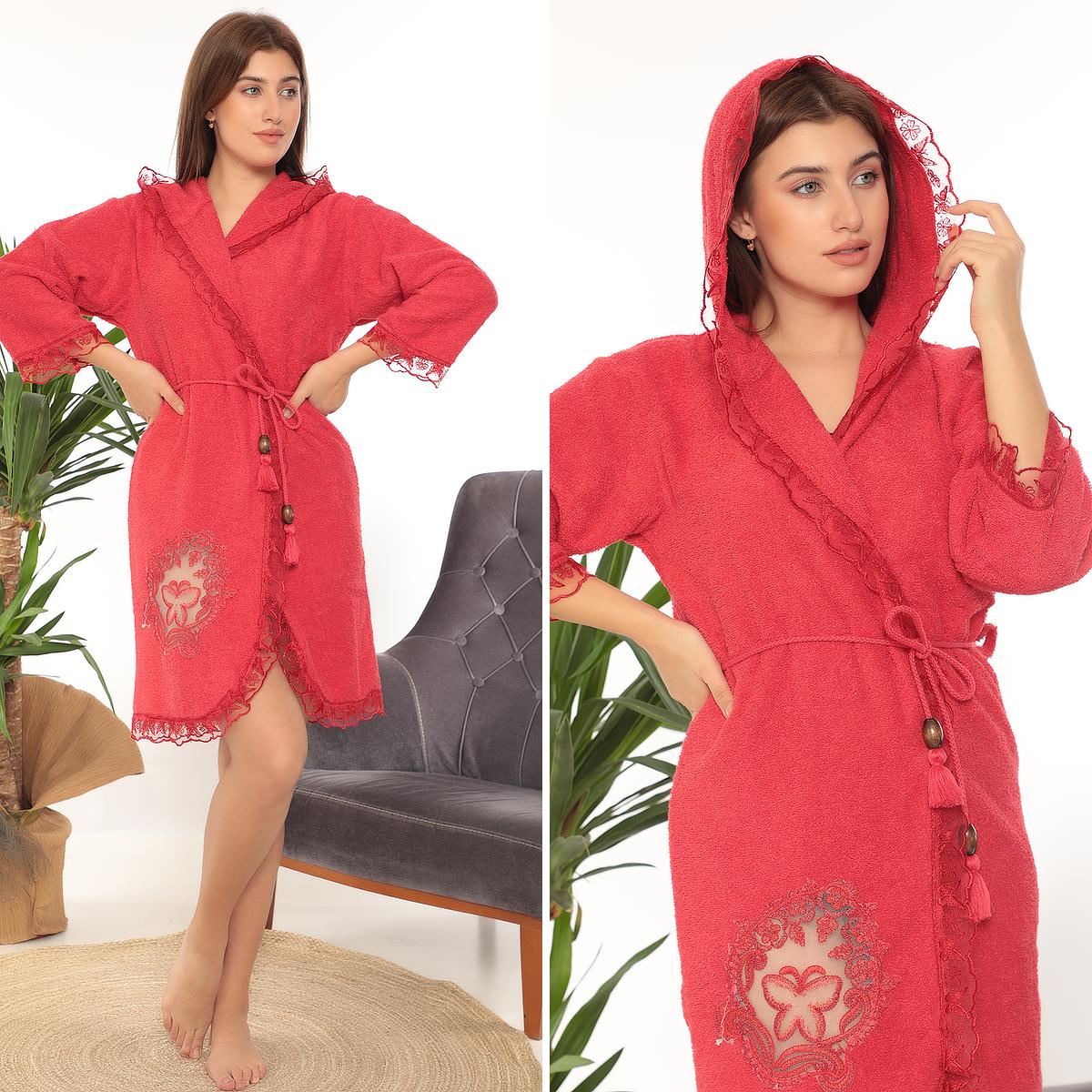 Kelebek Gelin Bornoz Set 5 Parça Dantelli Çeyizlik Takım Kırmızı - Ender Home