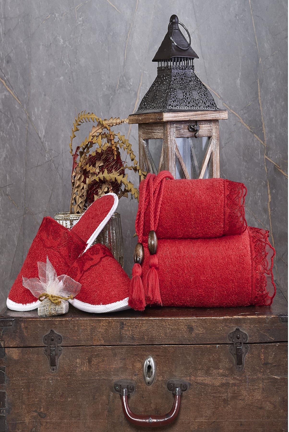 Kelebek Gelin Bornoz Set 5 Parça Dantelli Çeyizlik Takım Kırmızı - Ender Home