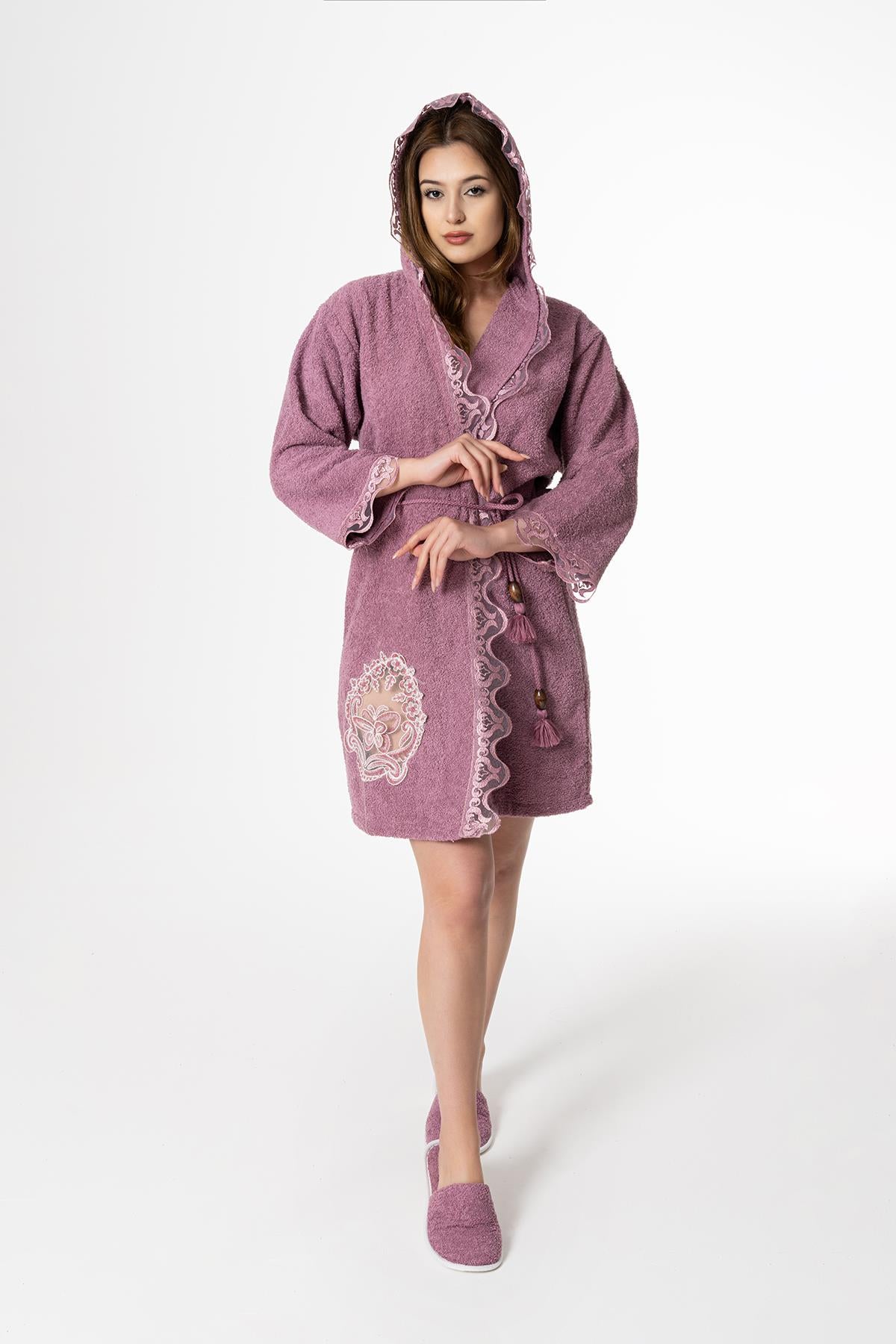 Kelebek Gelin Bornoz Set 5 Parça Dantelli Çeyizlik Takım Mor - Ender Home
