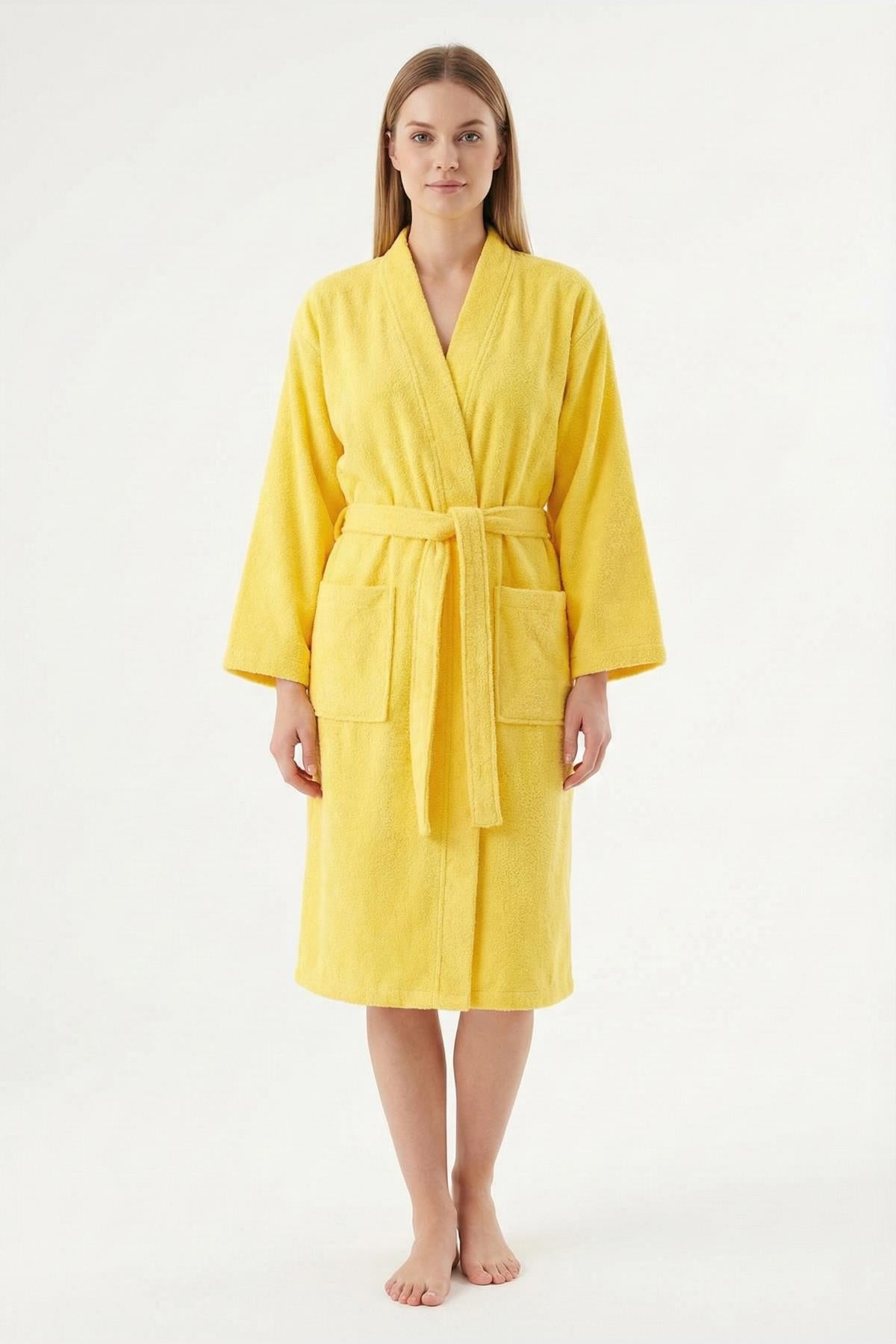 Kimono Bornoz %100 Pamuk Unisex Sarı - Ender Home