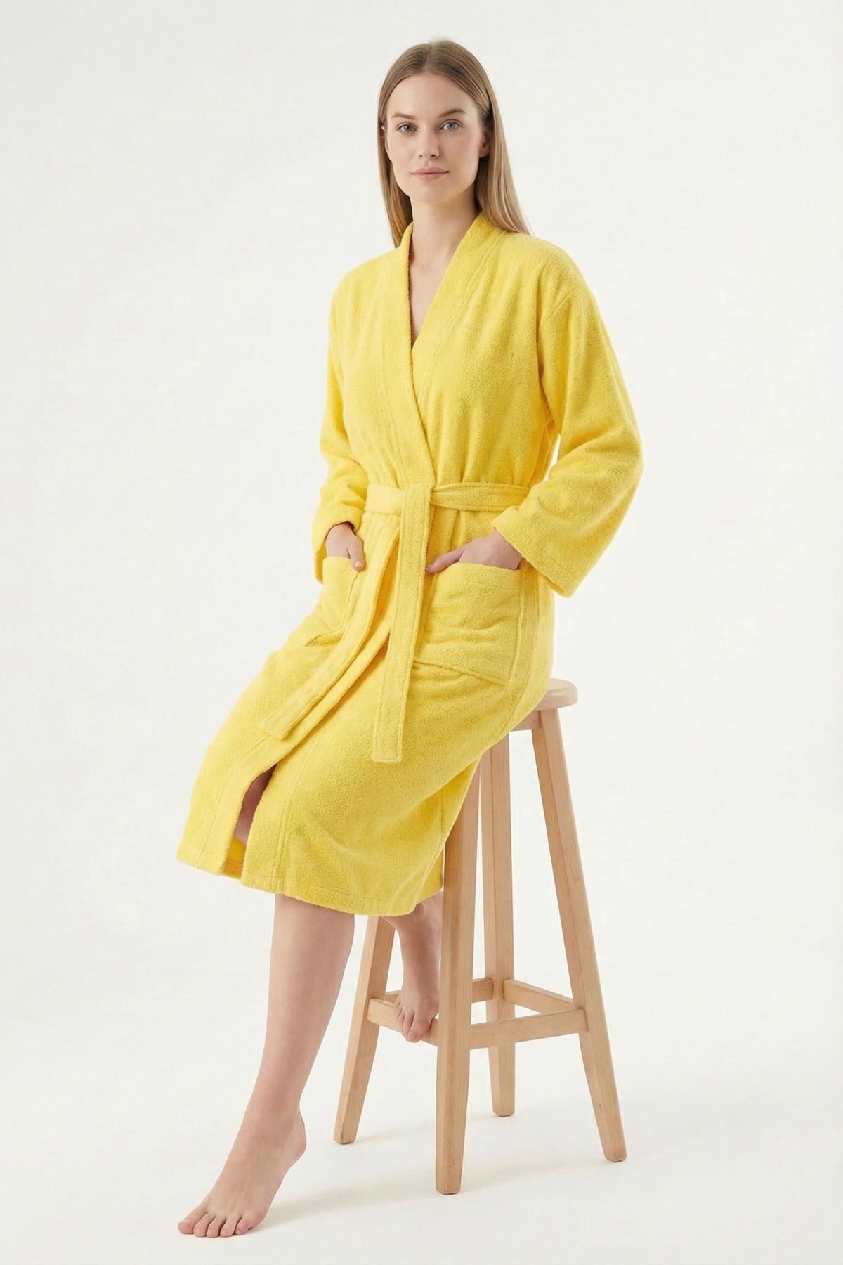 Kimono Bornoz %100 Pamuk Unisex Sarı - Ender Home