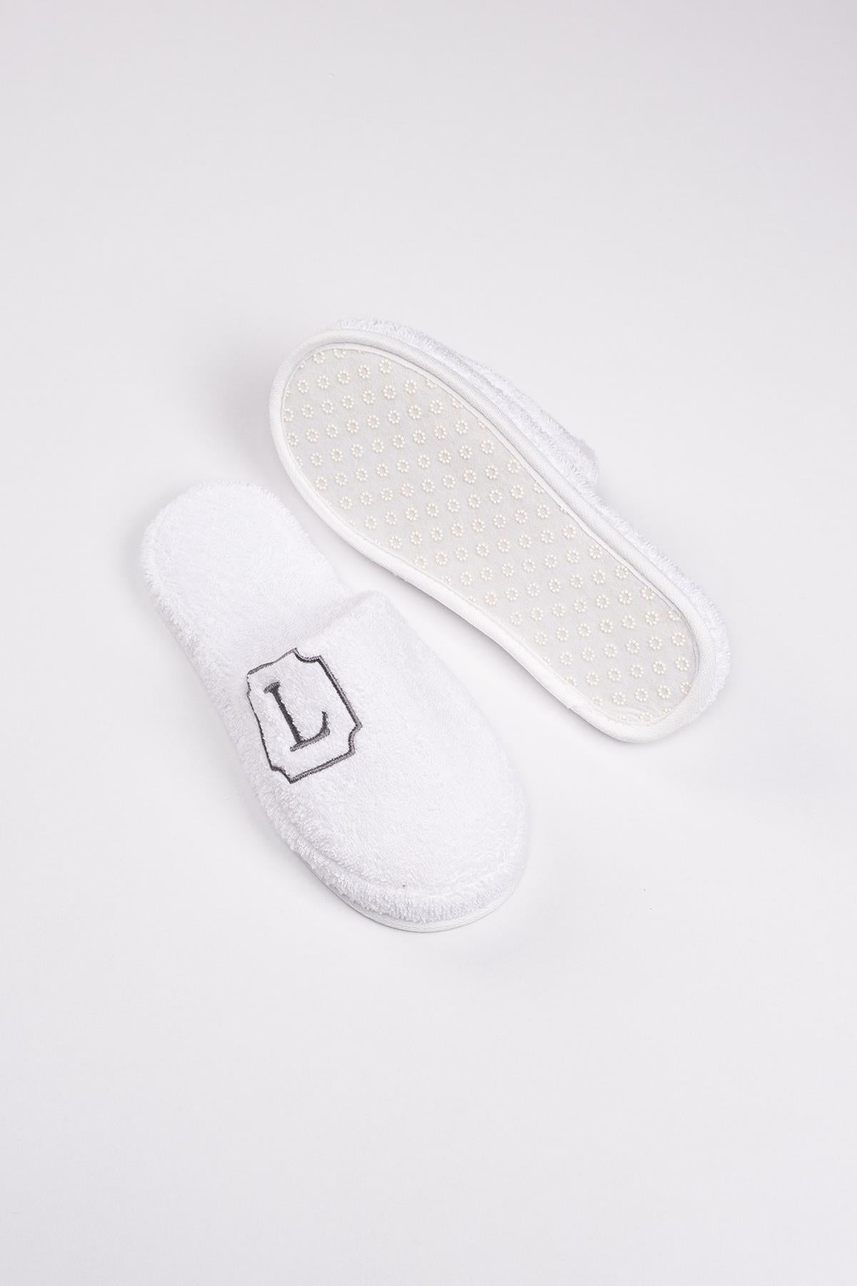 L Harf Nakışlı Banyo Ve Ev Havlu Terliği – %100 Pamuk Kaymaz Kalın Taban - Ender Home