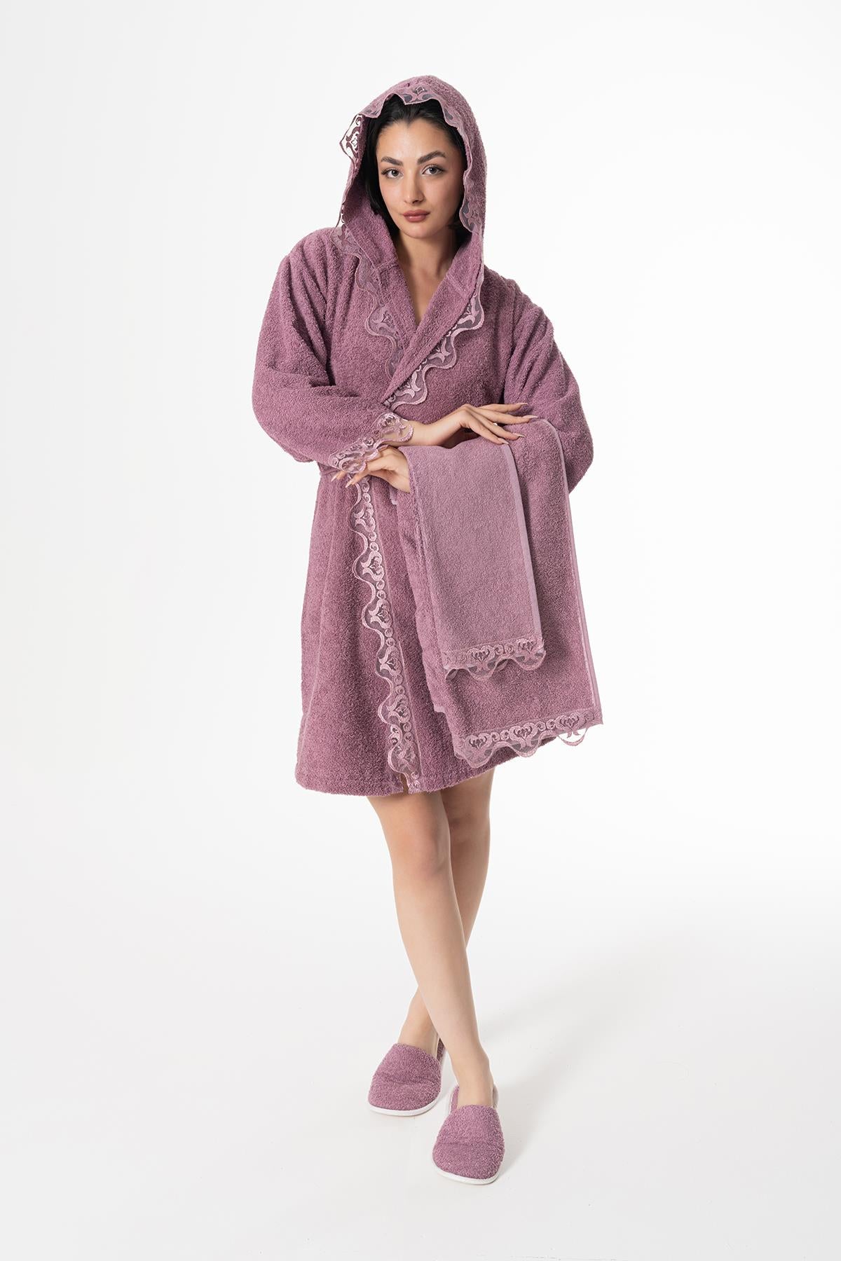 Pavlin Gelin Bornoz Set 5 Parça Dantelli Çeyizlik Takım Mor - Ender Home