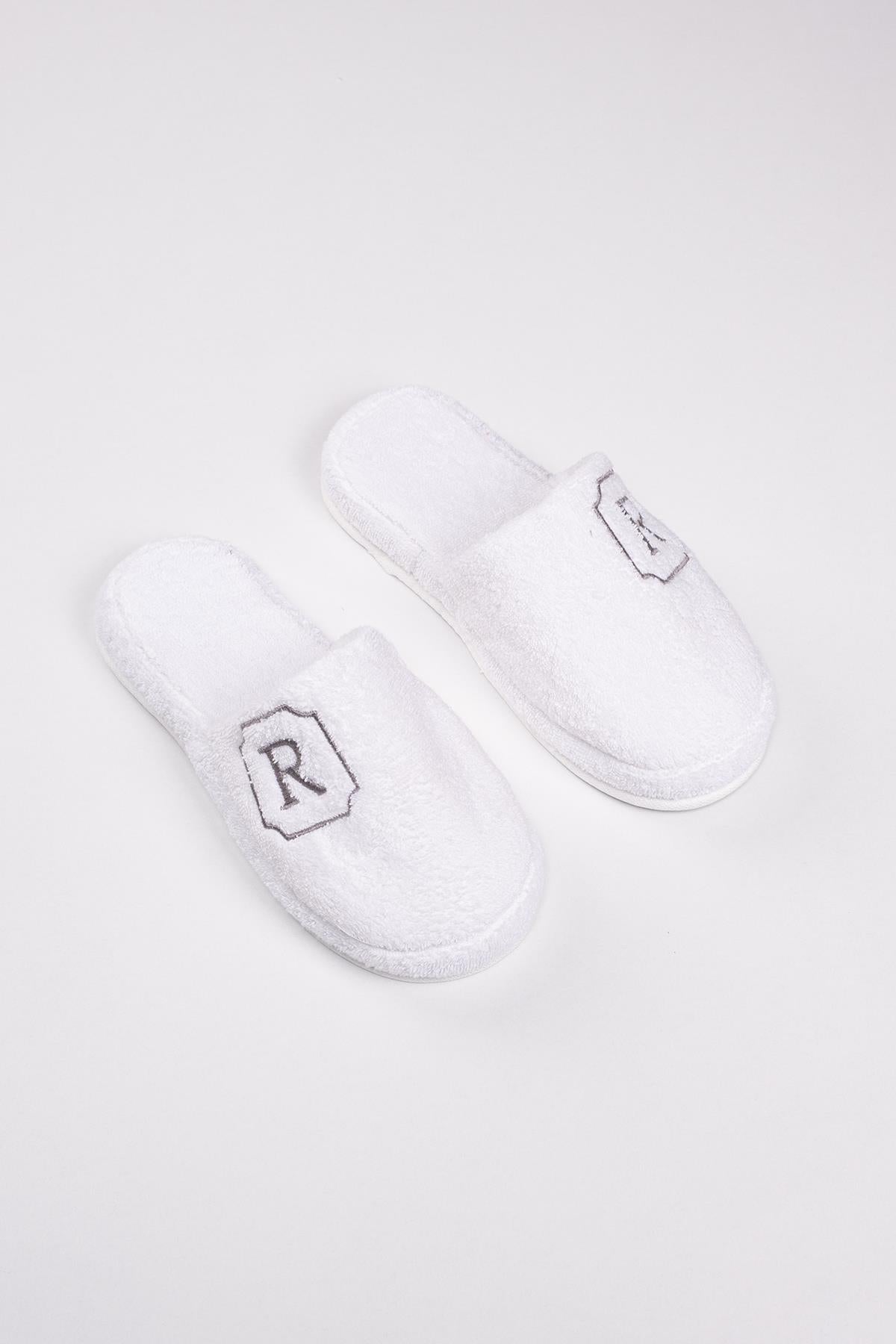 R Harf Nakışlı Banyo Ve Ev Havlu Terliği – %100 Pamuk Kaymaz Kalın Taban - Ender Home