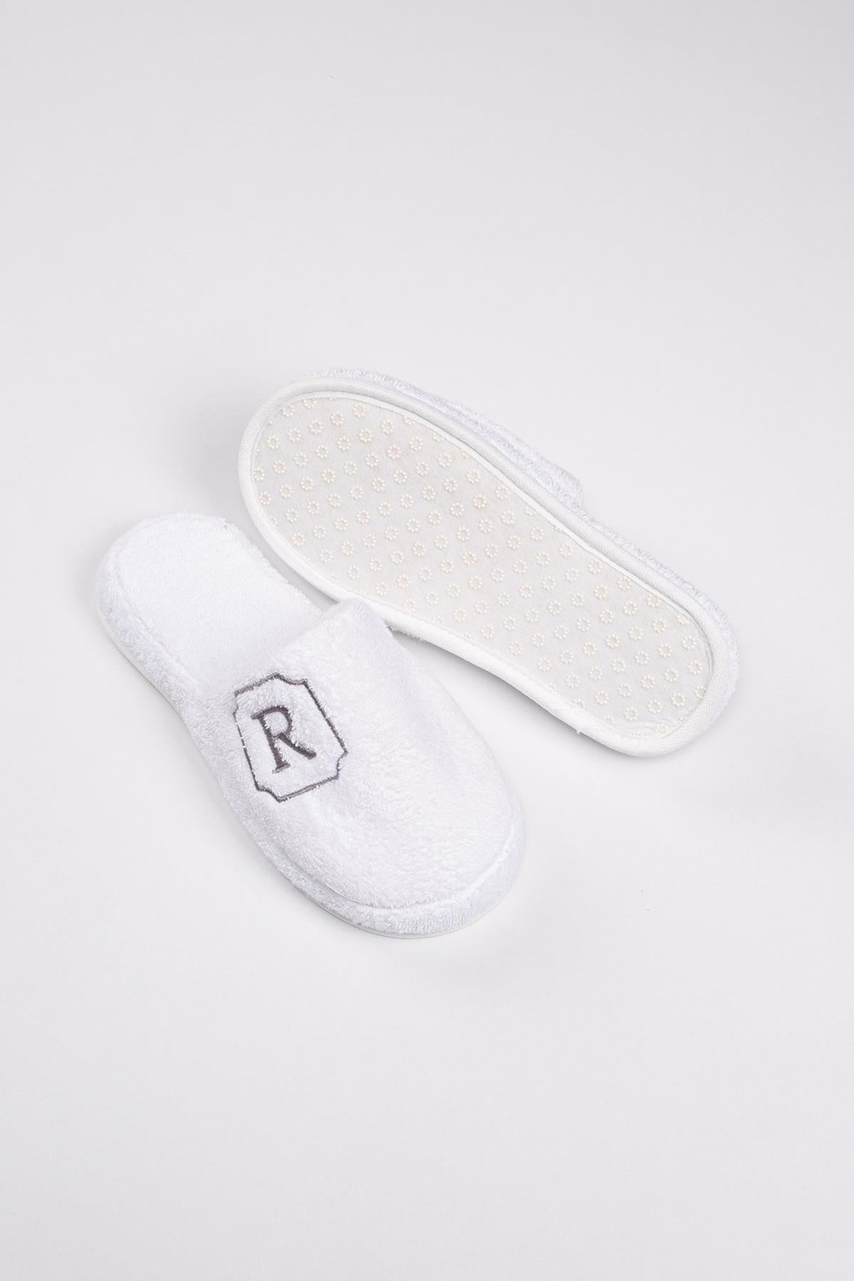 R Harf Nakışlı Banyo Ve Ev Havlu Terliği – %100 Pamuk Kaymaz Kalın Taban - Ender Home