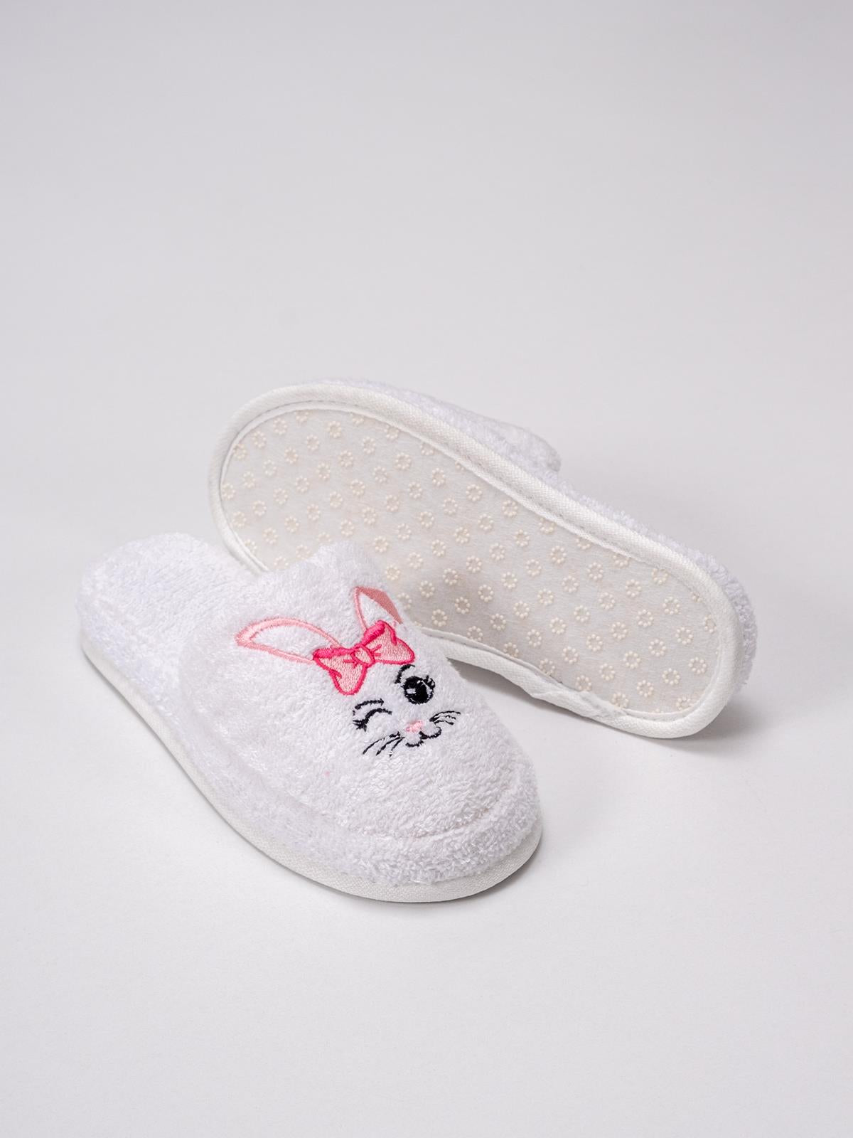 Rabbit Sevimli Pofuduk Terlik – %100 Pamuk Kaymaz Taban Beyaz - Ender Home