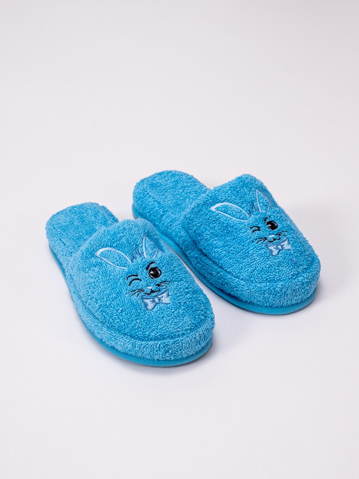 Rabbit Sevimli Pofuduk Terlik – %100 Pamuk Kaymaz Taban Mavi - Ender Home