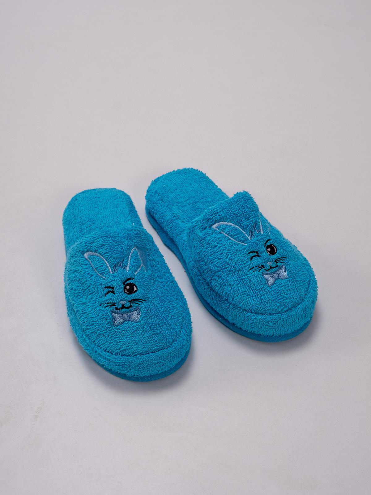 Rabbit Sevimli Pofuduk Terlik – %100 Pamuk Kaymaz Taban Turkuaz - Ender Home