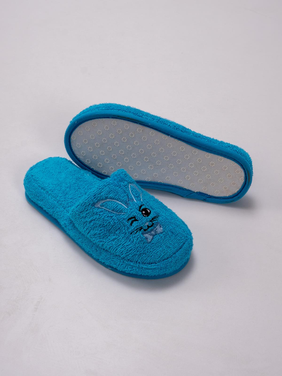 Rabbit Sevimli Pofuduk Terlik – %100 Pamuk Kaymaz Taban Turkuaz - Ender Home