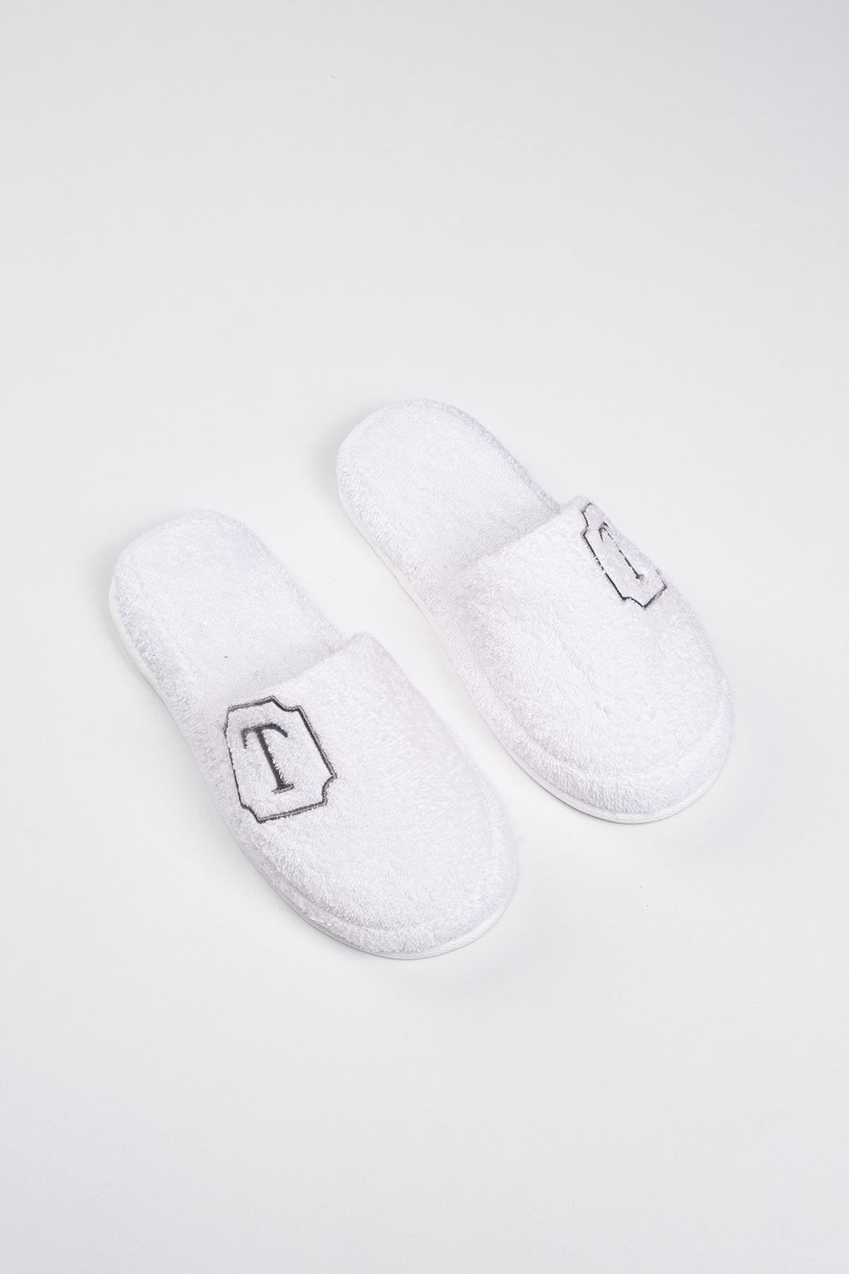 T Harf Nakışlı Banyo Ve Ev Havlu Terliği – %100 Pamuk Kaymaz Kalın Taban - Ender Home