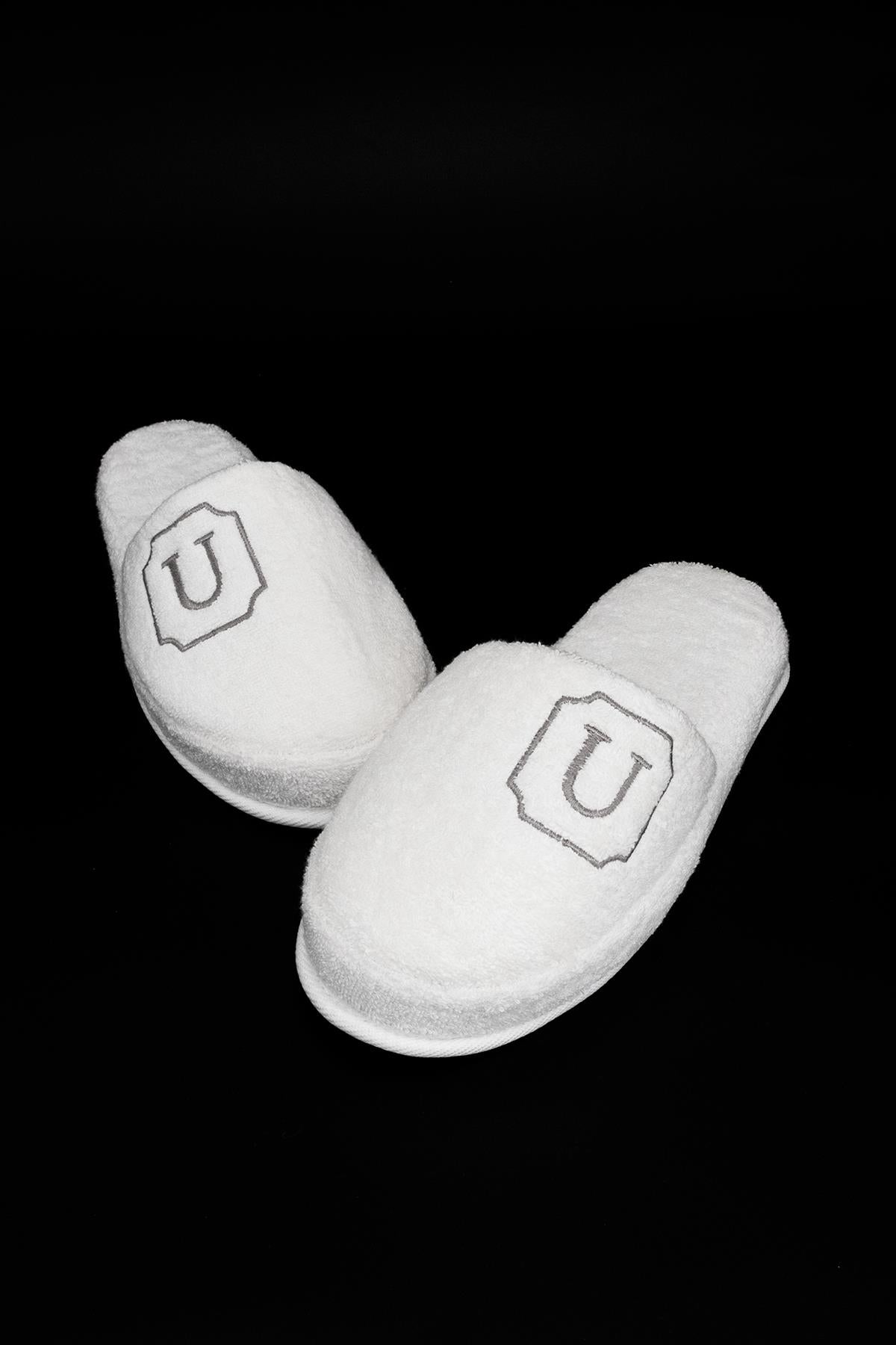 U Harf Nakışlı Banyo Ve Ev Havlu Terliği – %100 Pamuk Kaymaz Kalın Taban - Ender Home