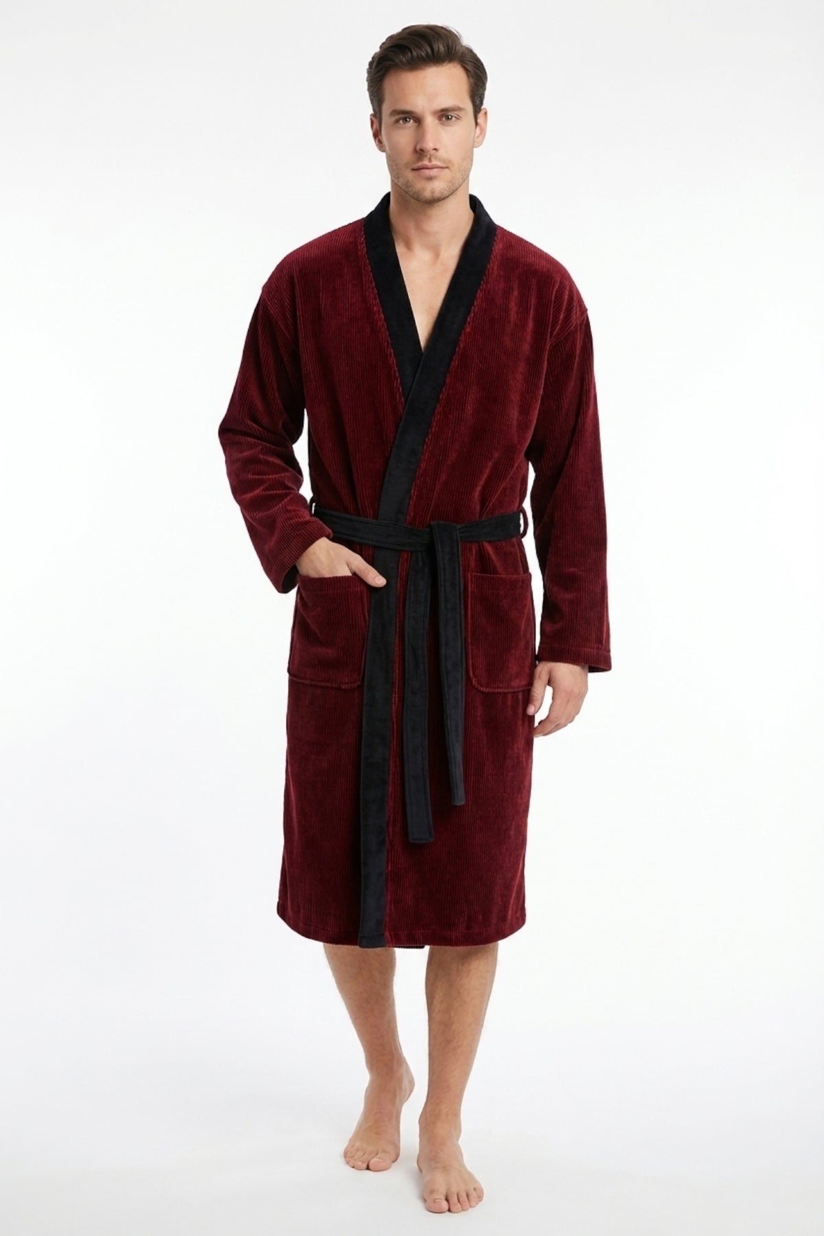 VelourTouch Lüx Kimono Bornoz – %100 Pamuk , Kadife , Unisex Kırmızı - Siyah - Ender Home