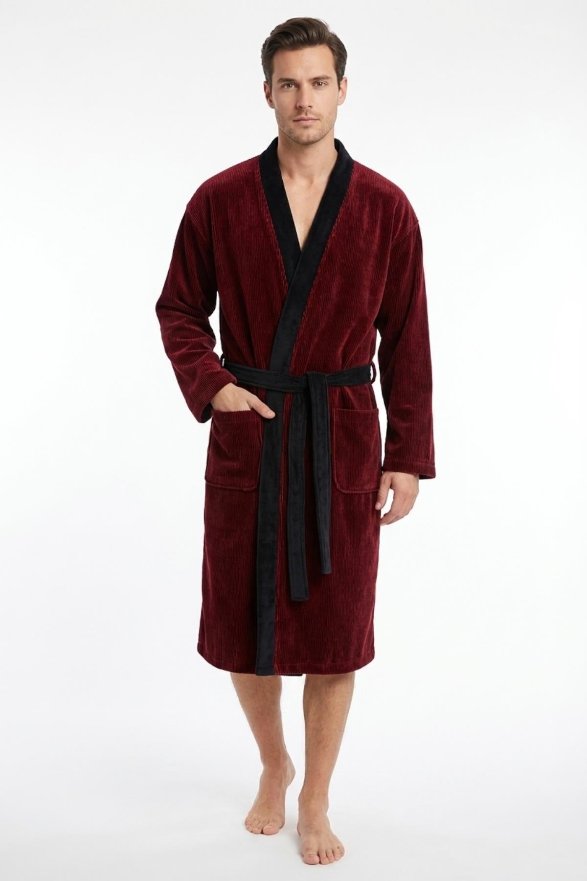 VelourTouch Lüx Kimono Bornoz – %100 Pamuk , Kadife , Unisex Kırmızı - Siyah - Ender Home