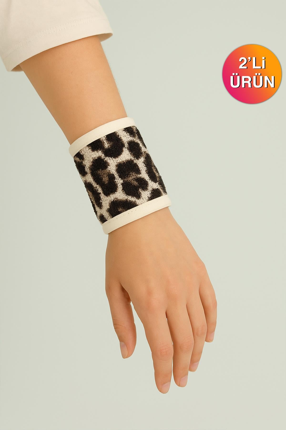 Wild Spirit 2'li Leopar Desen Bilek Bandı – %100 Pamuklu ve Yumuşak Leopar Baskılı-Ekru Biye - Ender Home