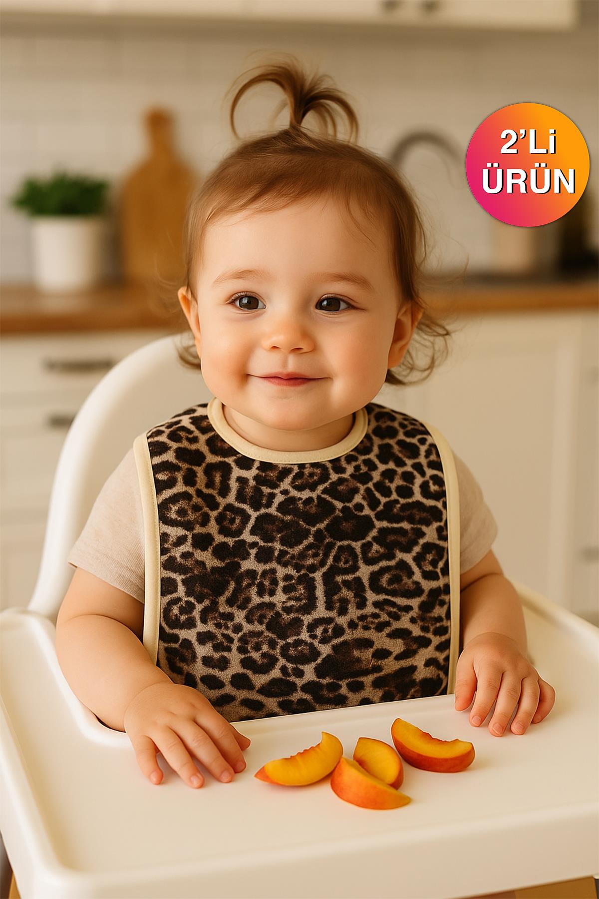 Wild Spirit 2'li Leopar Desenli Bebek Mama Önlüğü – Sıvı Geçirmez %100 Pamuk 25x40 Cm Leopar Baskılı- Ekru Biyeli - Ender Home