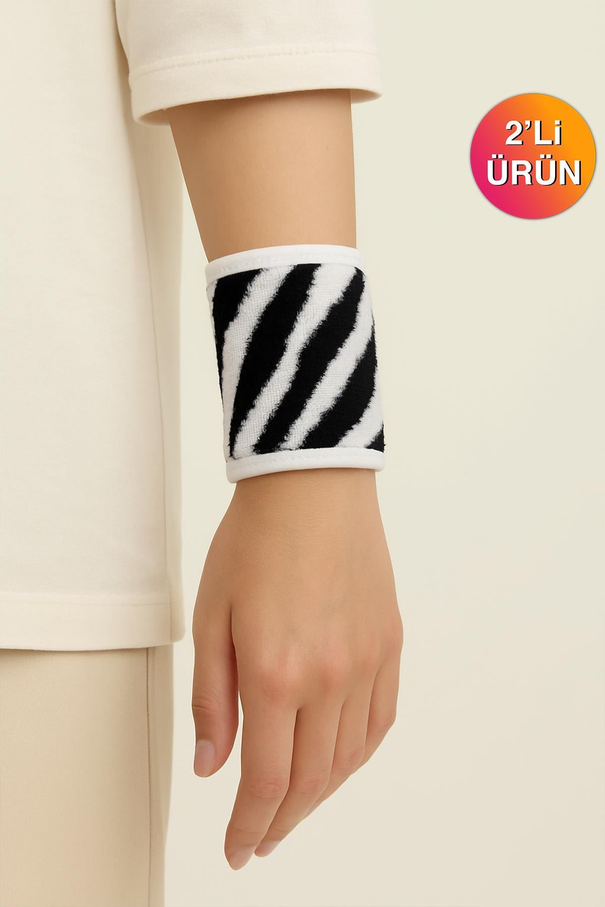 Wild Spirit 2'li Zebra Desen Bilek Bandı – %100 Pamuklu ve Yumuşak Zebra Baskılı-Beyaz Biye - Ender Home